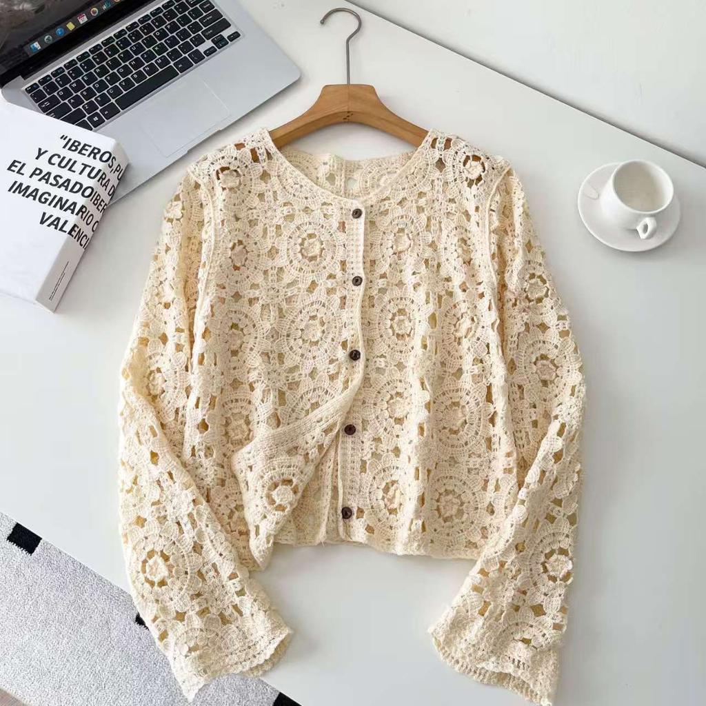 Fashion loose and thin hollow crochet knitted sweater women's new foreign style unique chic cardigan long-sleeved top