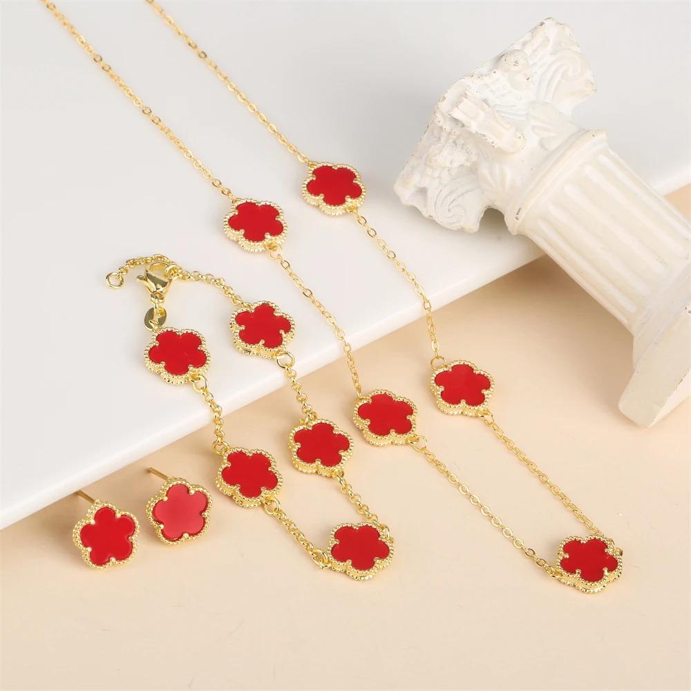 2024 Hot Sale 10 Colors Five-Leaf Flower Set Bracelet Necklace Classic Simple Women Zircon Set Suitable For Daily Party Wear