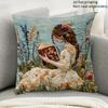 Enchanting 2D Printed Pillow Cover: Girl Reading Book Amidst Floral Wonderland Sofa Cushion Cover, Home Decoration, 2D Printing