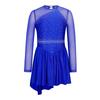 Long Sleeve Cutout Back Asymmetrical Hem Mesh Patchwork Dress with Rhinestones for Girls Figure Skating Competition Stage Show