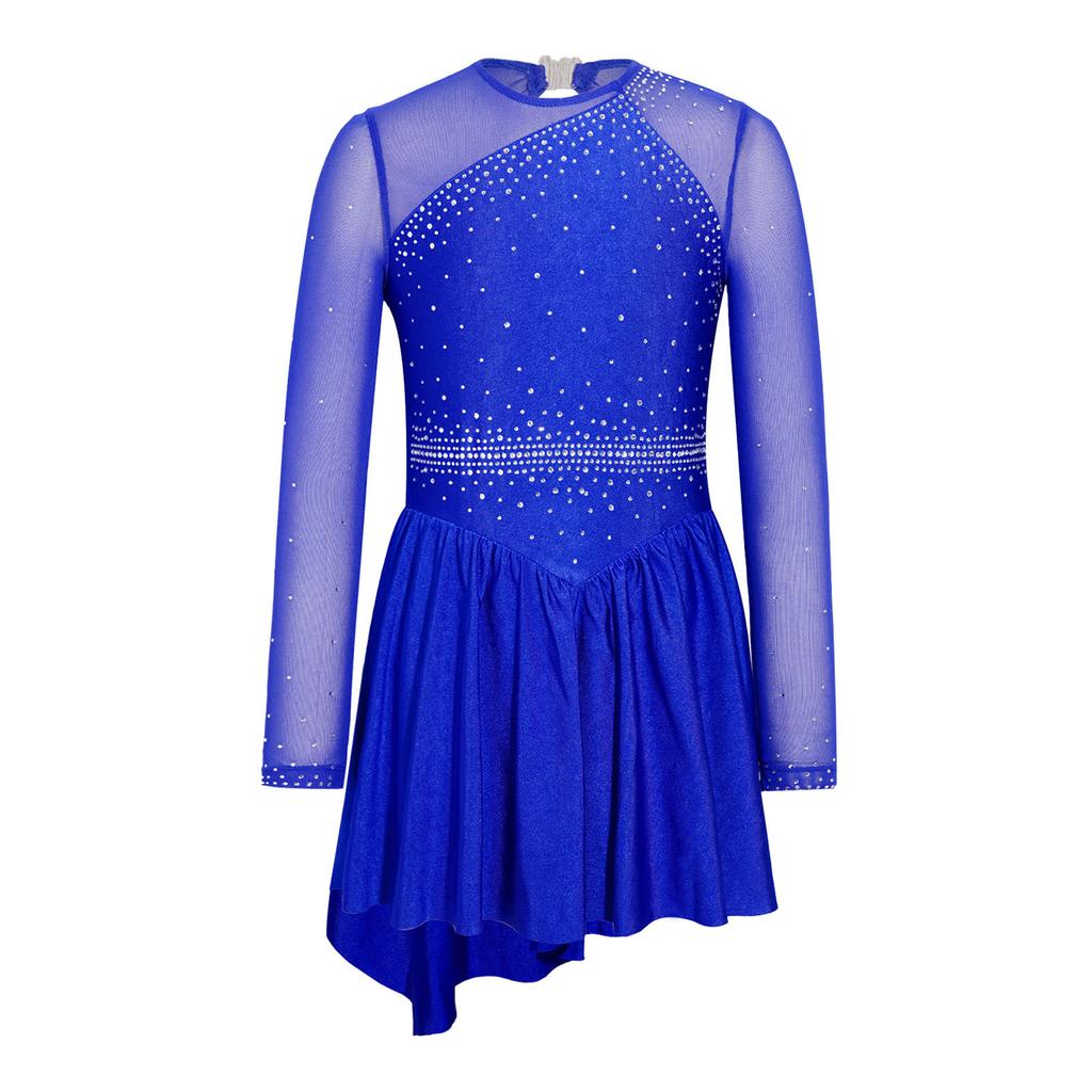 Long Sleeve Cutout Back Asymmetrical Hem Mesh Patchwork Dress with Rhinestones for Girls Figure Skating Competition Stage Show