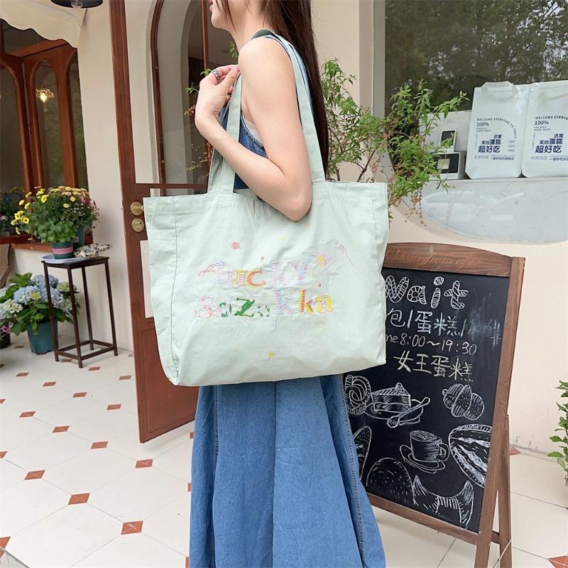 Summer canvas embroidery casual lazy style literary hand carry shoulder bag shopping bag canvas schoolbag