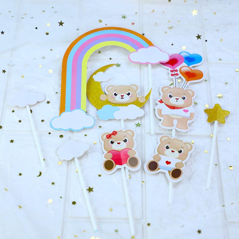 Teddy Bear Moon Cake Topper with Rainbow Cloud and Heart for Birthday Decoration