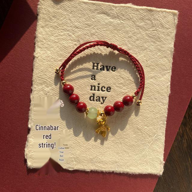 

Natural Cinnabar Red Rope Bracelet, Year of the Tiger, Luck-Bringing Gift for Best Friend, Ethnic Style