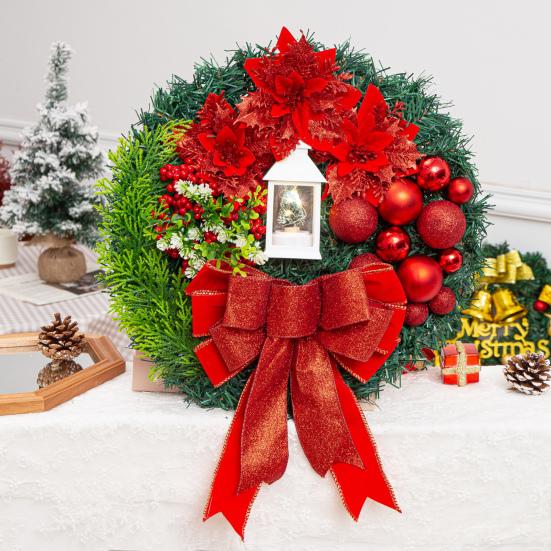 Large Christmas Wreath with Bow Ribbon Christmas Balls Lighted Artificial Pine Branches