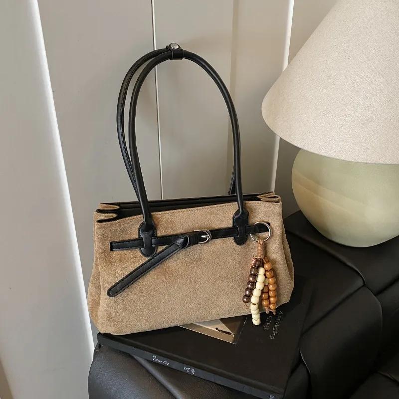 Vintage Solid Color Imitation Suede Women Shoulder Bag Pendant Buckle Decoration Large Capacity for Outings Commuting Stylish