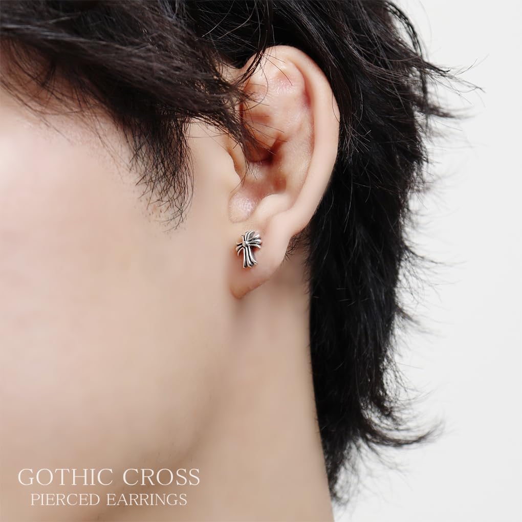 [Shinjuku Gin no Kura] Gothic Cross Stud Earring, 925 Sterling Silver, Single Earring, Men's, Simple, Lily Design