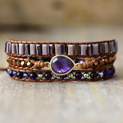 Armband im Ethno-Stil mit Naturamethyststein, handgefertigt mit Perlen, Vintage-Webarmreif mit drei Strängen, Freundschaftsschmuck.