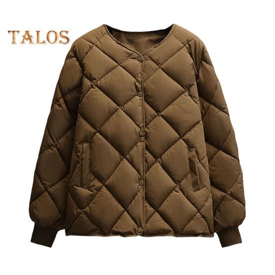 

Женский зимний пуховик с ромбовидной текстурой, толстыми карманами с подкладкой, длинными рукавами, однотонная однобортная куртка с эластичными манжетами S кофейный