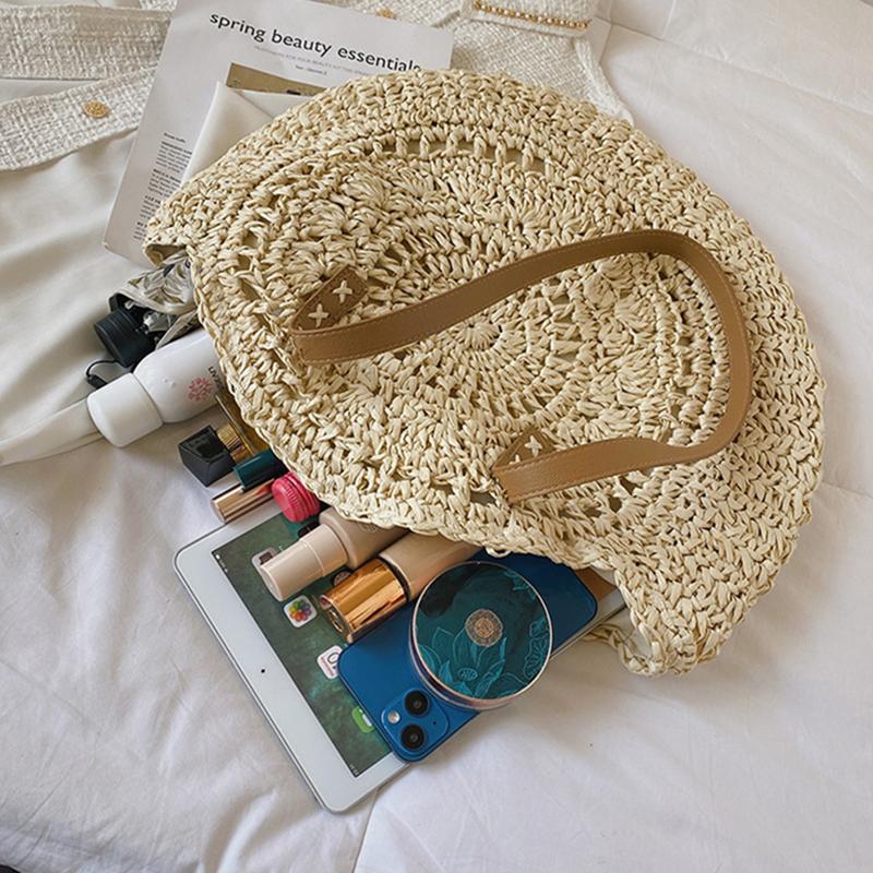 Summer Round Straw Bag For Women Vacation Woven Beach Bag Large Capacity Shoulder Bag Simple Shopping Handbag Tote Sac