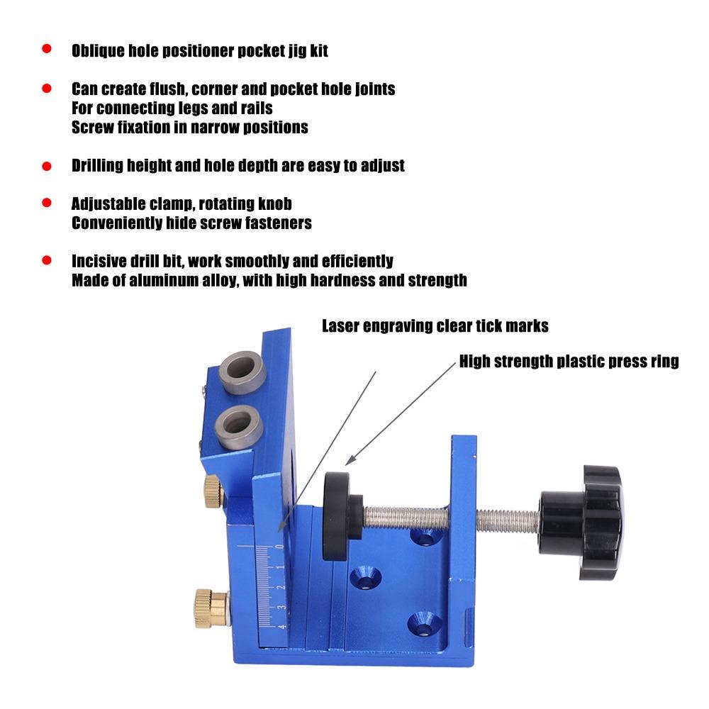 Aluminum Alloy Pocket Hole Jig Kit 15 Degree Angle Oblique Punch Fixture Woodworking Joinery