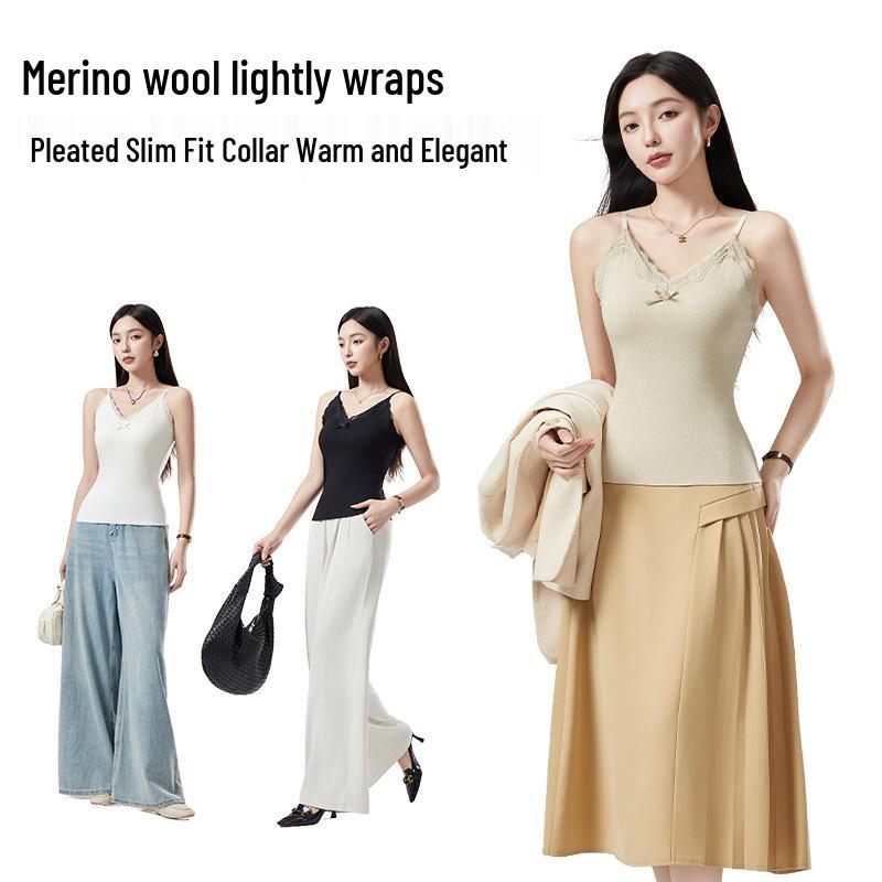 Women's Lace Camisole with Bow & Chest Pads - Warm Velvet-Lined Sleeveless Top for Autumn & Winter