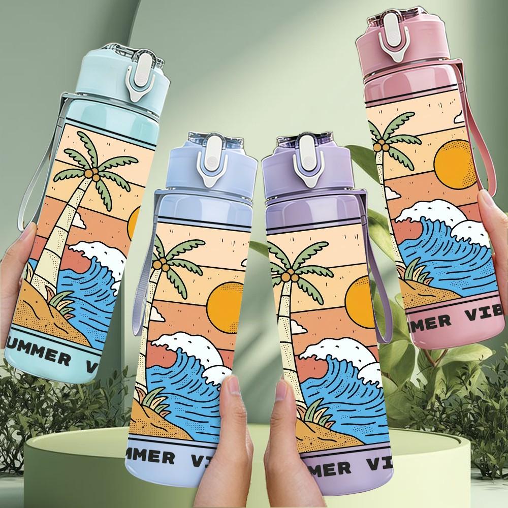 1PC Summer Sunset Beach Wave Vintage Poster 750ml Color Plastic Sports Water Bottle Leakproof Flip Straw Lid Suitable for Sports Office Home Use