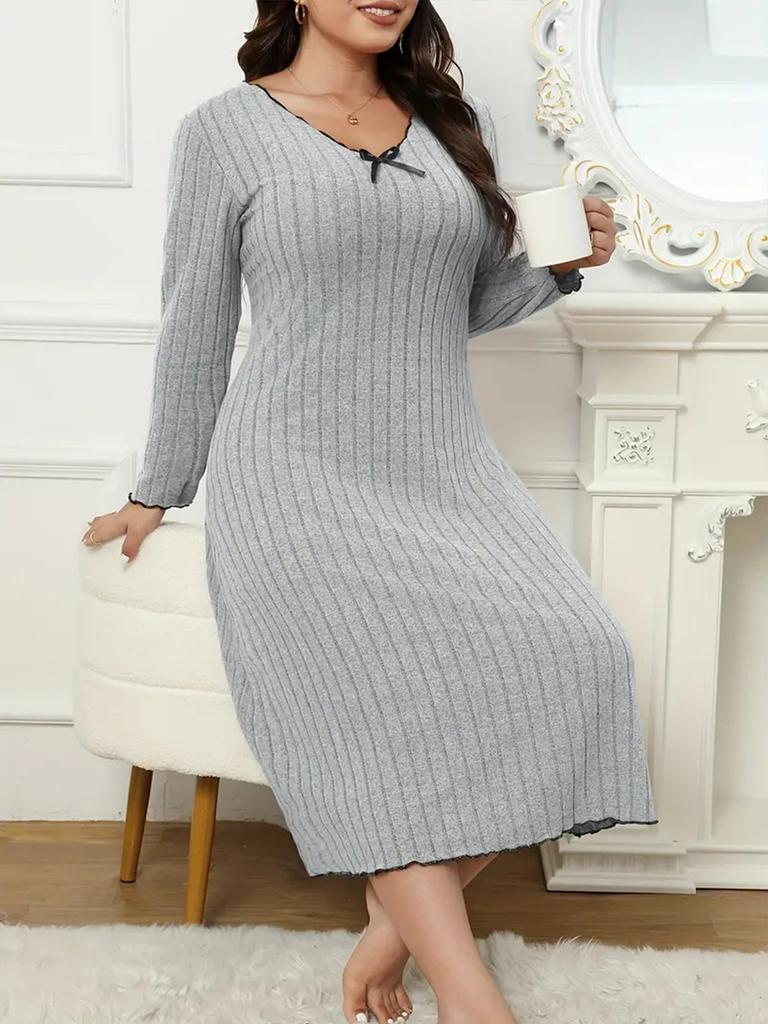 Spring New Arrivals Plus Size Dresses V-Neck Long Sleeve Solid Color Ear Trim Fashion Women's Clothing