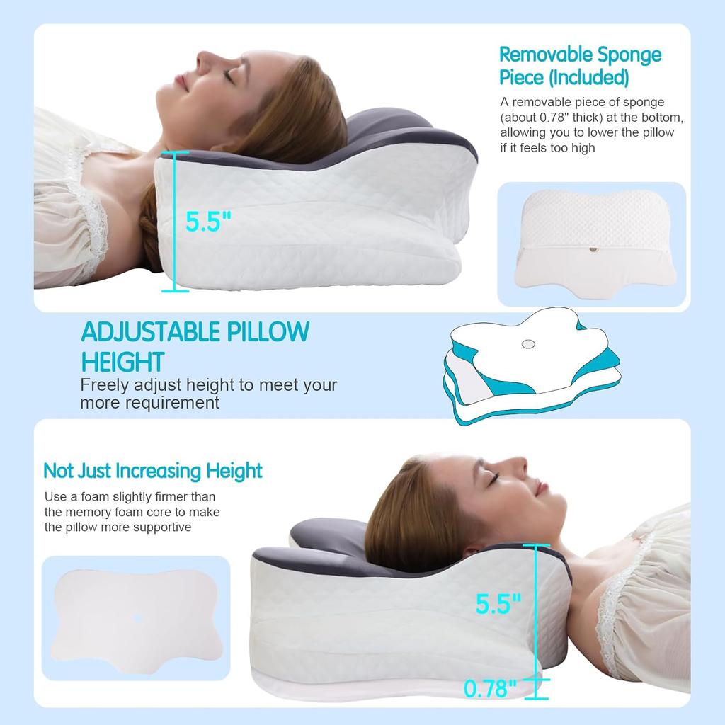 Adjustable Cervical Pillow, Contour Memory Foam Neck Pillow with Cooling Case for Side Back Stomach Sleepers, Ergonomic Support