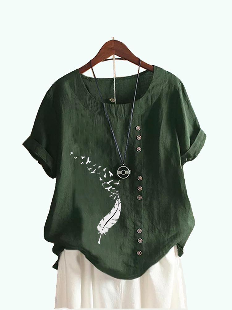 Women Fashion Round Collar Floral Print T-shirt Casual Short Sleeve Top Ladies Loose Blouses