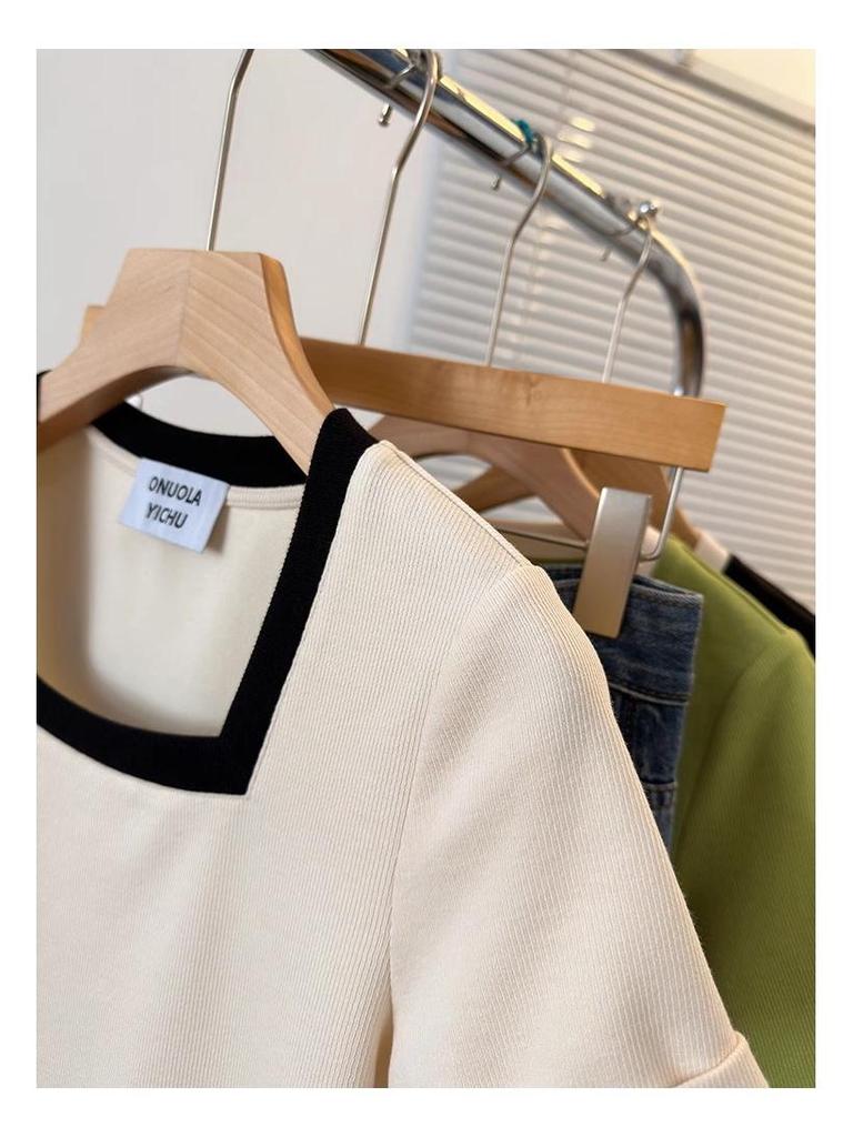 Plus Size Women's Stylish Square Neck Short Sleeve Summer T-shirt - Pure Cotton, Slimming, Up to 200 Jin.