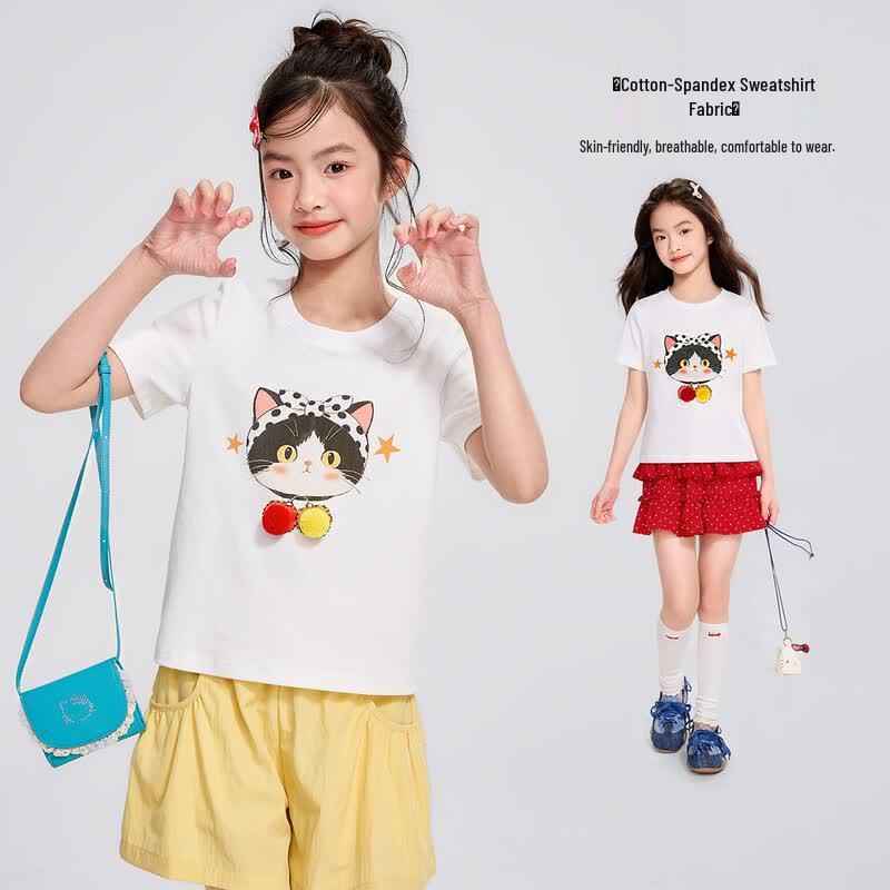 Yuanyuan Princess Girls  3D Cat Pom-pom Short Sleeve T-Shirt 120
