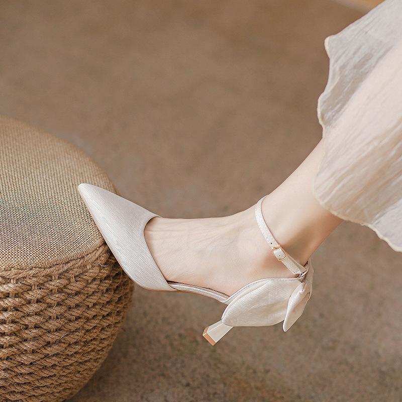 Spring and Autumn Princess Shoes Satin Bow Wedding Shoes Banquet Shoes Hollow Sandals Pointed Thin Heel High Heels Women