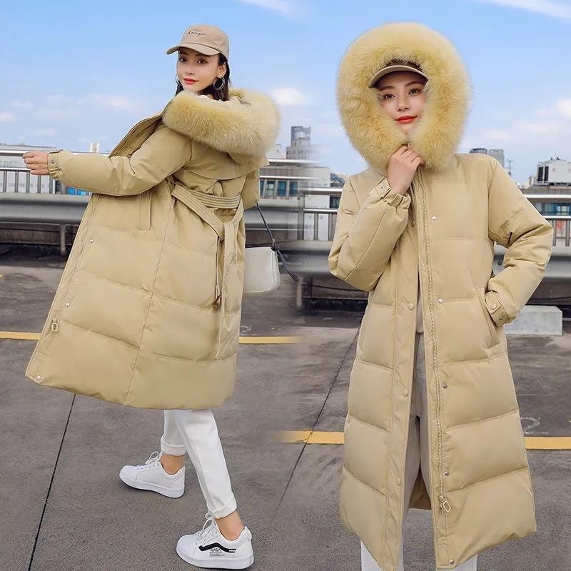 Nova jaqueta de inverno feminina parkas gola de pele com capuz algodão acolchoado casaco longo coreano solto quente engrossar outwear