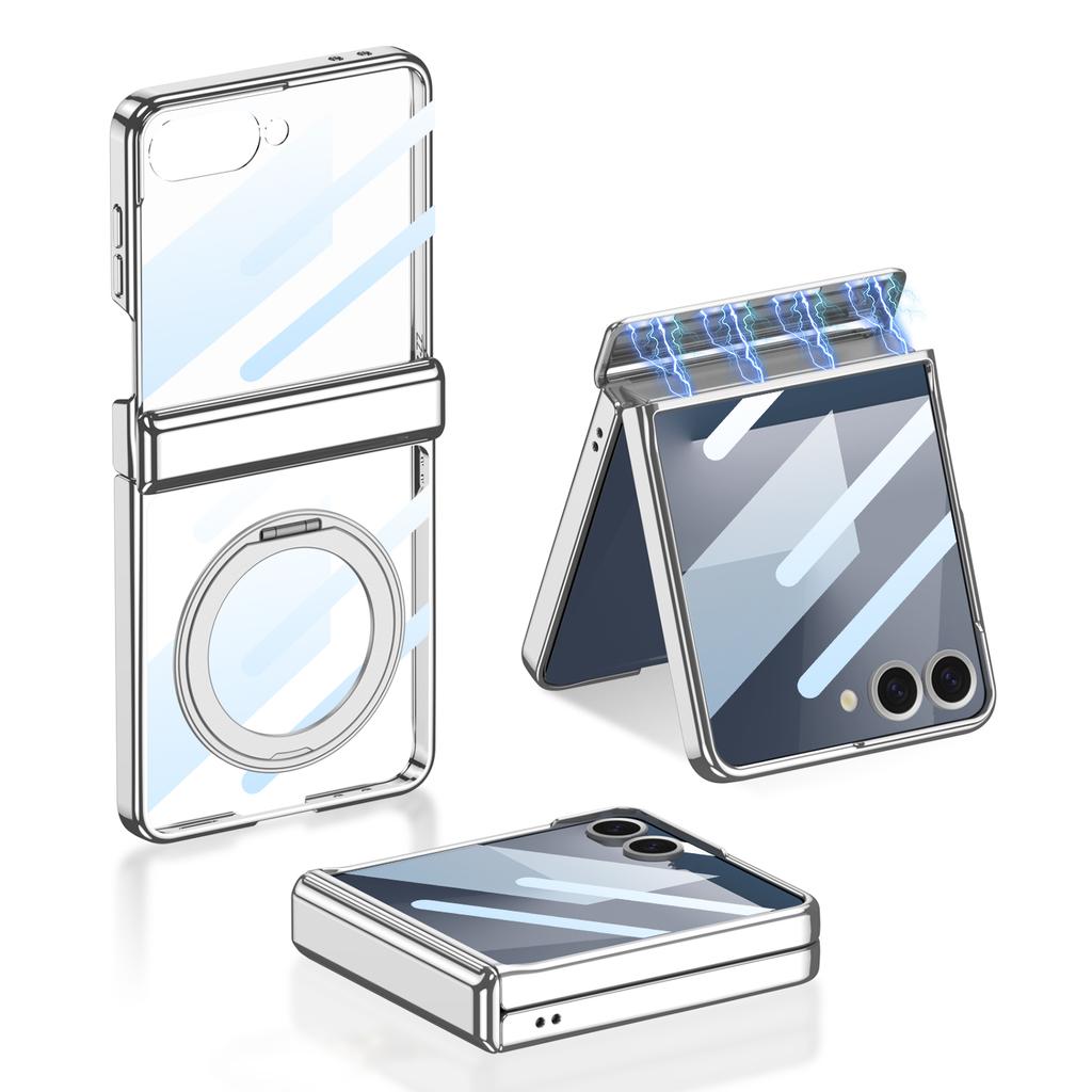 Magnetic Hinge Ring Holder Case for Samsung Galaxy Z Flip 7 Luxury Plating Edge Screen Glass Hard Cover for Galaxy Z Flip7 Case