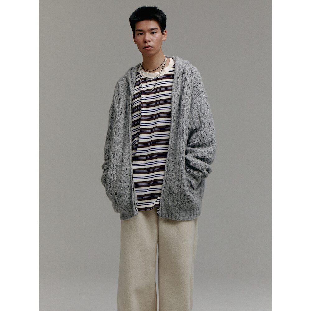 Sand Sound (Unisex) Wool Blend Cable Knit Zip-Up Hoodie Grey