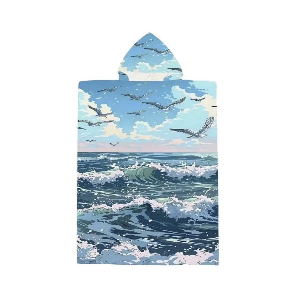 Blue Ocean Wave Flat Print Hooded Beach Towel Seagull Scenic Quick Dry Surf Poncho Changing Robe for Women Adult Travel