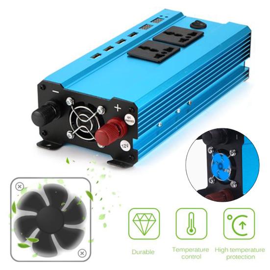 1200W Dijital Ekranlı Araba Güç İnvertörü Şarj Cihazı DC'den AC'ye Dönüştürücü 4 USB