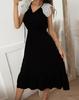 Women Casual Long Dress Spring Summer Solid A-line V-Neck Short Sleeve High Waist Ruffles Slim Lace Patchwork Sizes S-XL