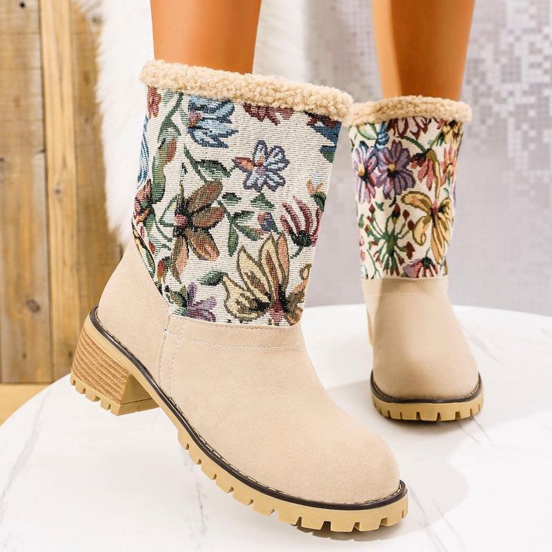 

Large size women s snow boots suede autumn and winter thick-soled anti-thick heel high-heeled warm cotton shoes flower splicing short boots 35