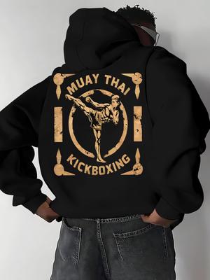 Męska czarna mieszanka luźna modna bluza z kapturem z nadrukiem graficznym Muay Thai Kickboxing Bez podszewki do warstwowego ubierania Nadaje się do codziennego noszenia