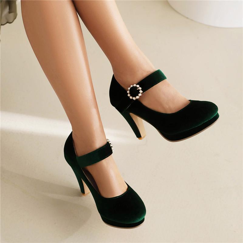 Enkeltsko med høye hæler for kvinner vår og høst nye enkel vanntett plattform tykk hæl grunt munn stor størrelse fire årstider sko