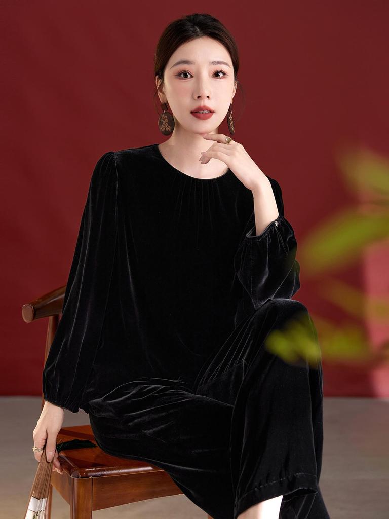 Top Casual Jacquard de Terciopelo de Seda Lavado a Tinta de Manga Larga - Otoño/Invierno Lujo Seda de Morera 6A