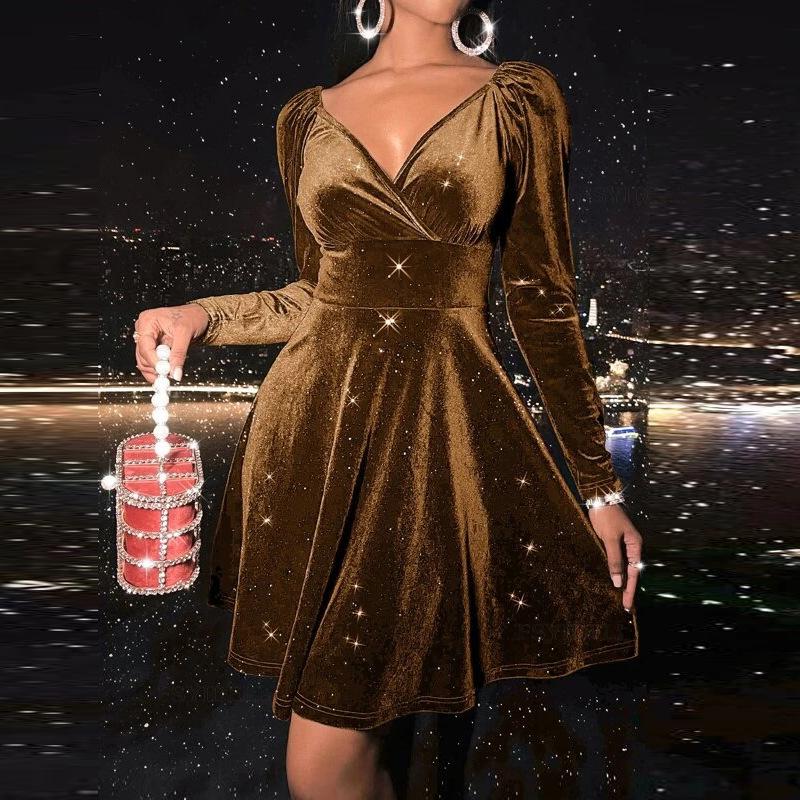 2026 New Women's Velvet Bodycon Dress, V-Neck Long Sleeve Short Cocktail Dress with Waist Cinching, Sexy Holiday & Party Velvet Gown