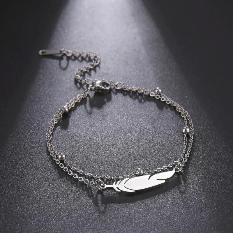 New Simple Feather Stainless Steel Double Layer Bead Chain Ankle Anklets For Women Men Metal Anklet Beach Jewelry Accessories