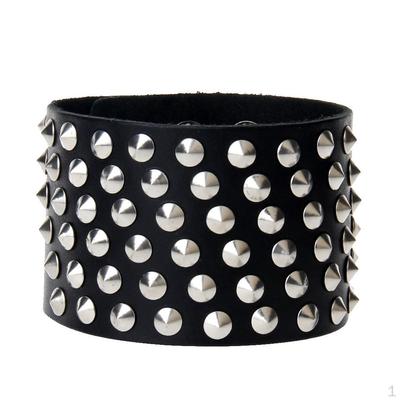 Pulseira larga de couro PU com rebite punk rock - Preto