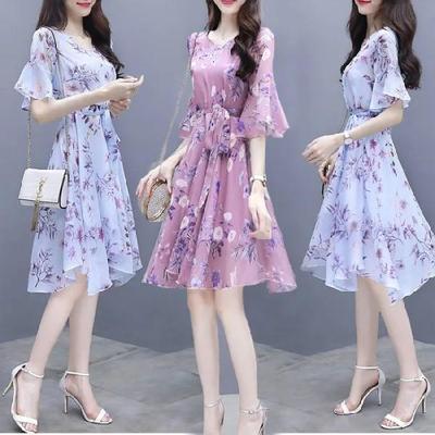 2025 Summer Women's Slim Waist Midi Floral Dress