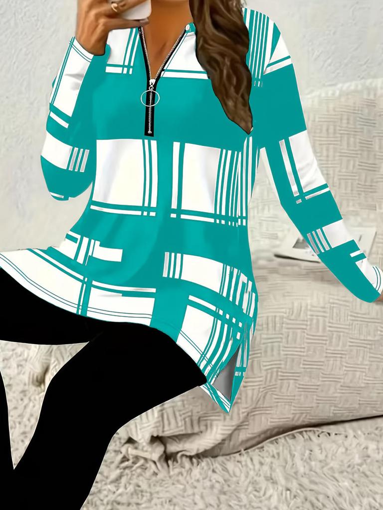 2025 Plus Size Women's Color Block Long Sleeve Zipper Shirt with Digital Print