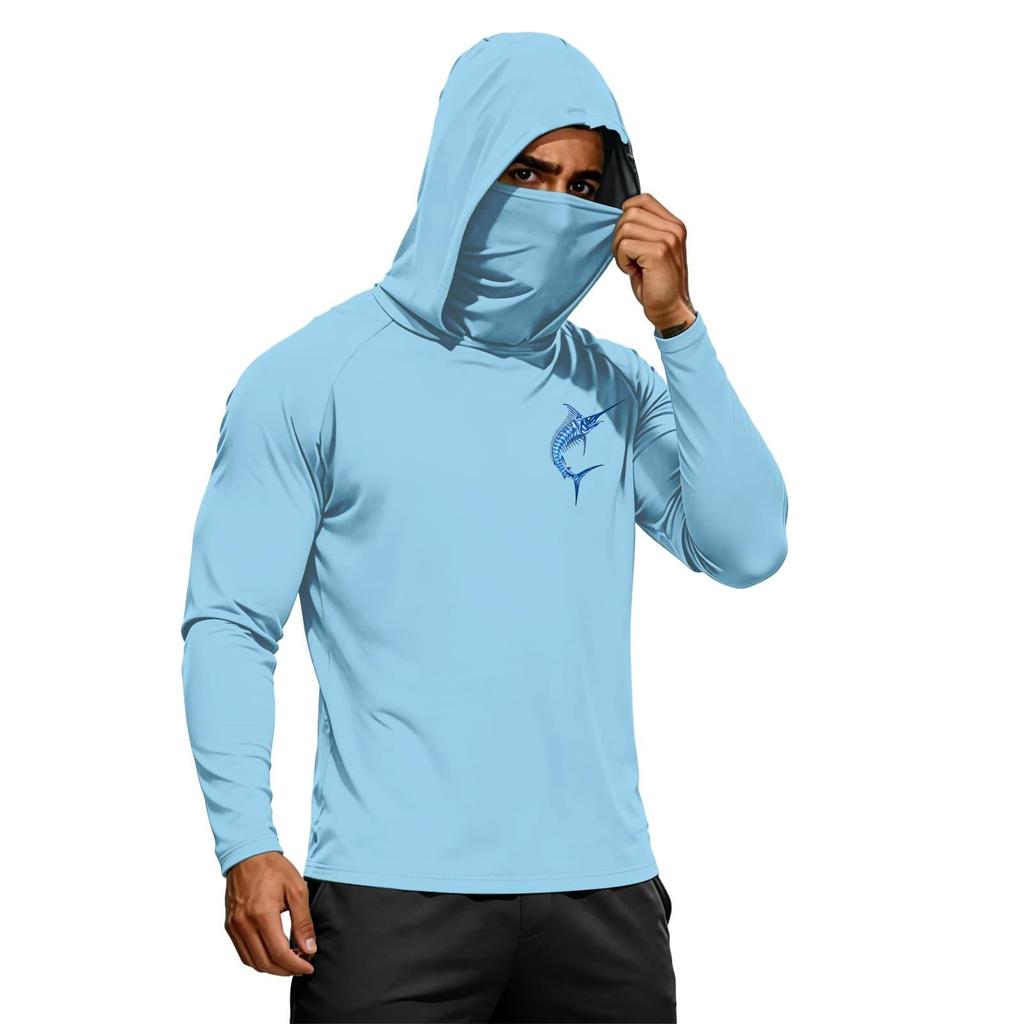 Men's Summer Hawaiian Print Quick Dry Long Sleeve T Shirt Ice Silk UPF50 Plus Sun Protection Hooded Sports Fitness Outdoor Top