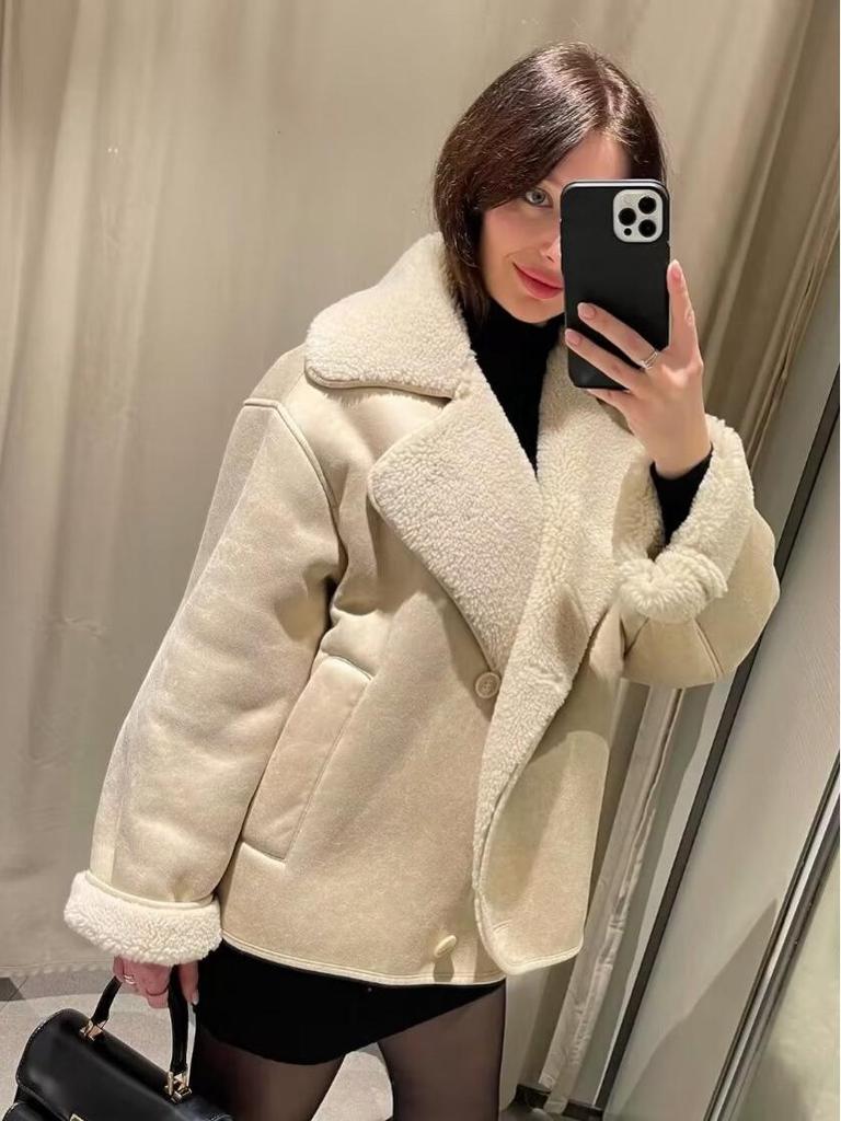 2025 Autumn/Winter Women's Lapel Shearling Suede Fleece-lined Warm Coat A14063