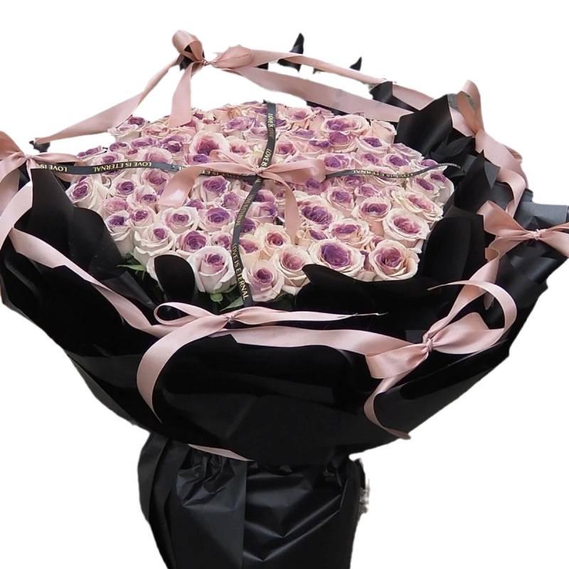 Smoked Plum Sauce Bouquet with Pink Ribbon - Qixi Valentine's Day Fresh Flower & Artful Gift Box Decoration.