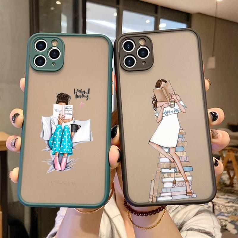 Book Girl Coffee Phone Case For IPhone 14 13 12 11 Mini Pro Max XS X Max XR 8 7 Plus SE 2022 Skin Color Phone Cover
