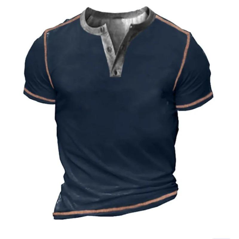 European and American semi-cardigan, casual short-sleeved digital printing slim-fit pullover Henry T-shirt top men's clothing