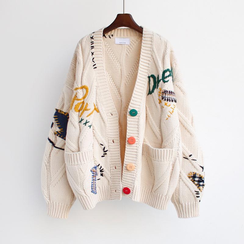 Chic Autumn/Winter 2023 Embroidered Letter Design Loose Knitted Cardigan for Women