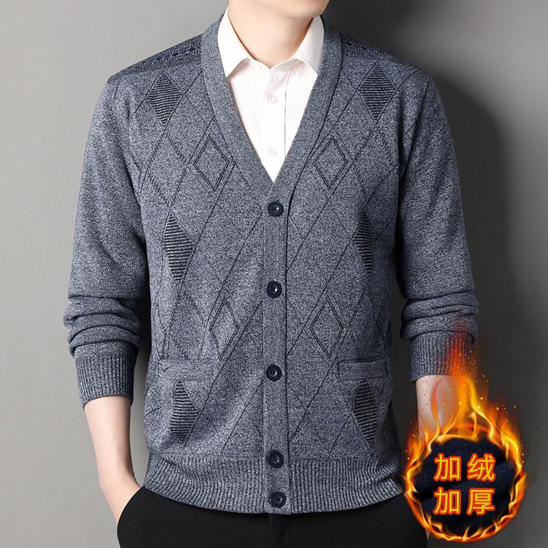 

Trend Fashion Autumn Winter Sweaters Coats Men V-Neck Print Screw Thread Thicken Smart Casual Long Sleeve Cardigan Knitted Tops XXXL синій/сірий колір