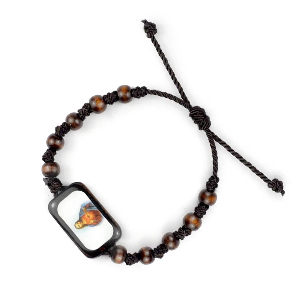 Religion Wood Rosary Bracelet For Men Square Colorful Jesus Virgin Mary Icons Charm Prayer Beads Chain Women Christian Jewelry