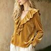 Women's Velvet V-Neck Blouse with Ruffle for Elegant