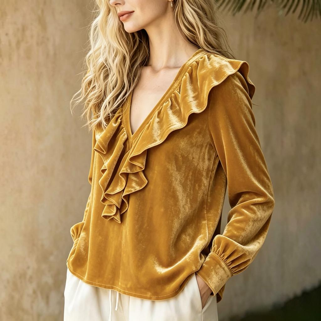 Women's Velvet V-Neck Blouse with Ruffle for Elegant