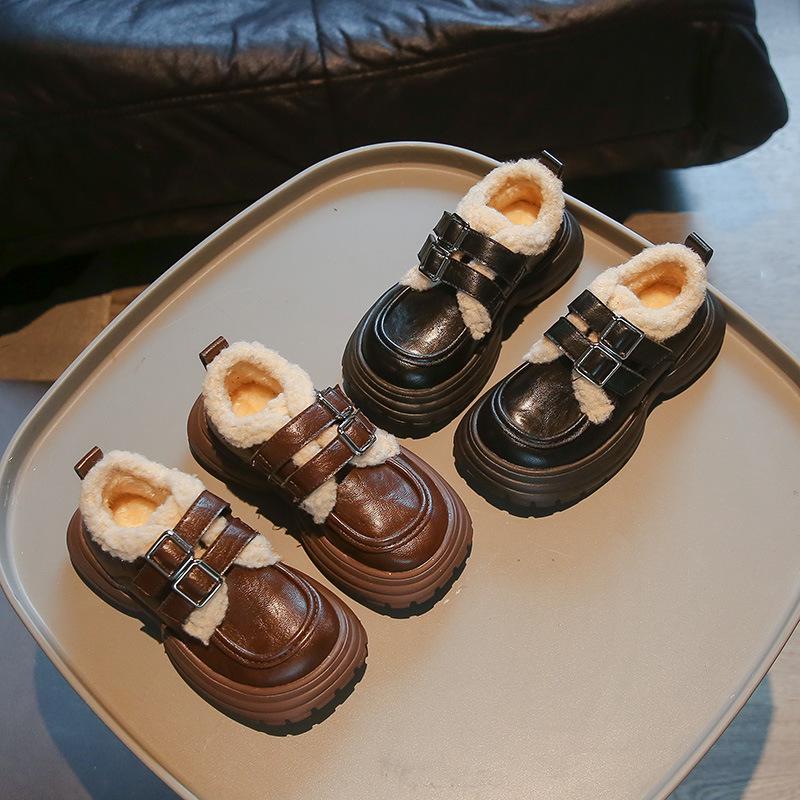 2024 Trendy Dětské Kožené Zimní Boty: Chlapecká a dívčí bavlněná špička, sametová podšívka, teplá obuv se silnou podrážkou