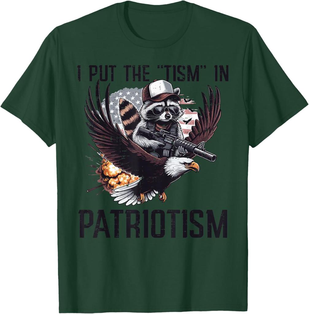 Raccoon Eagle I Put Tism in Patriotism Graphic TShirt Casual Short Sleeve Men Cotton Tee